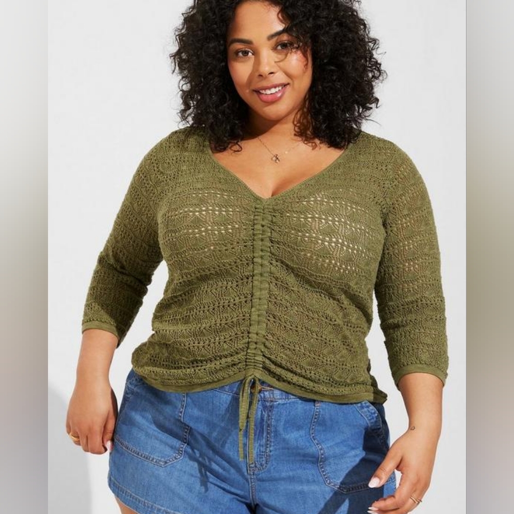Open Stitch Pullover V-Neck Cinched Front Sweater - SIZE 00 (C2-13)